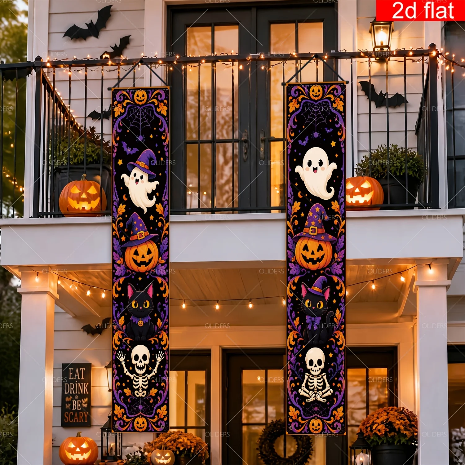 2D Flat Banner, 2 Pieces, Haloween Themed Front Door Porch Logo Banner, Ghost Skull Picture