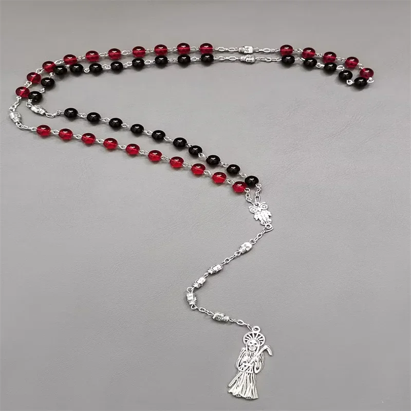 Santa Muerte Rosary -Red Rosary & Black Rosary-Glass Beaded Charm Rosary Necklace -occult mexican death skull reaper jewelry