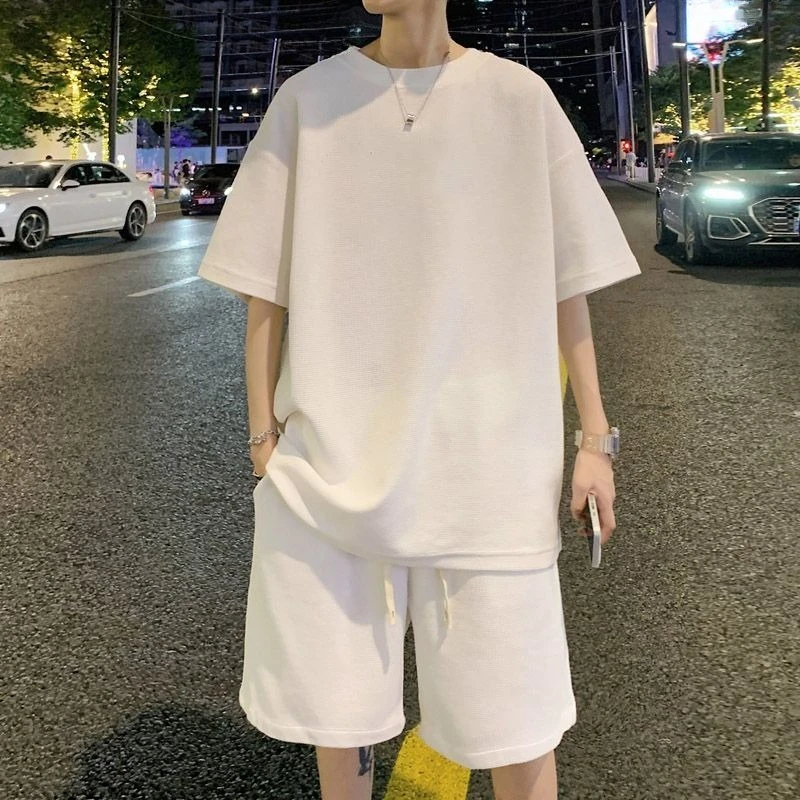 

Men's Solid Color Sports Tracksuit Spring Summer Casual Loose Fit Short Sleeve T Shirt Shorts Set Unisex Streetwear