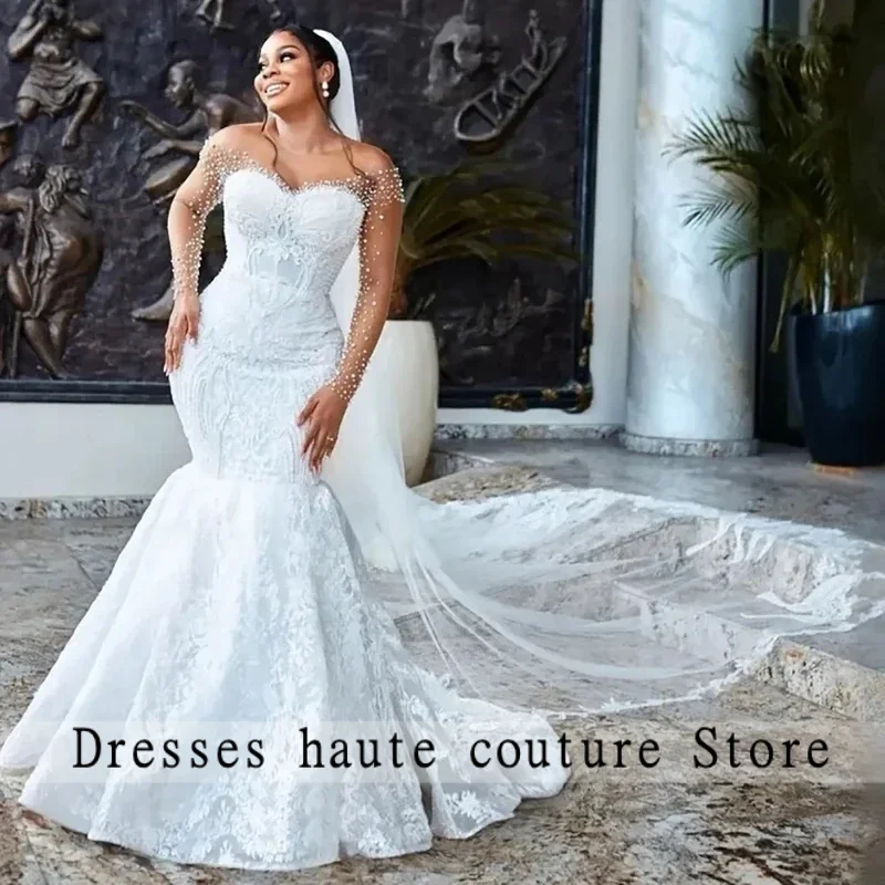 African Wedding Dresses 2026 Luxury Plus Size Mermaid Beaded Lace Illusion Long Sleeves Bridal Gowns Bride Dress Customized