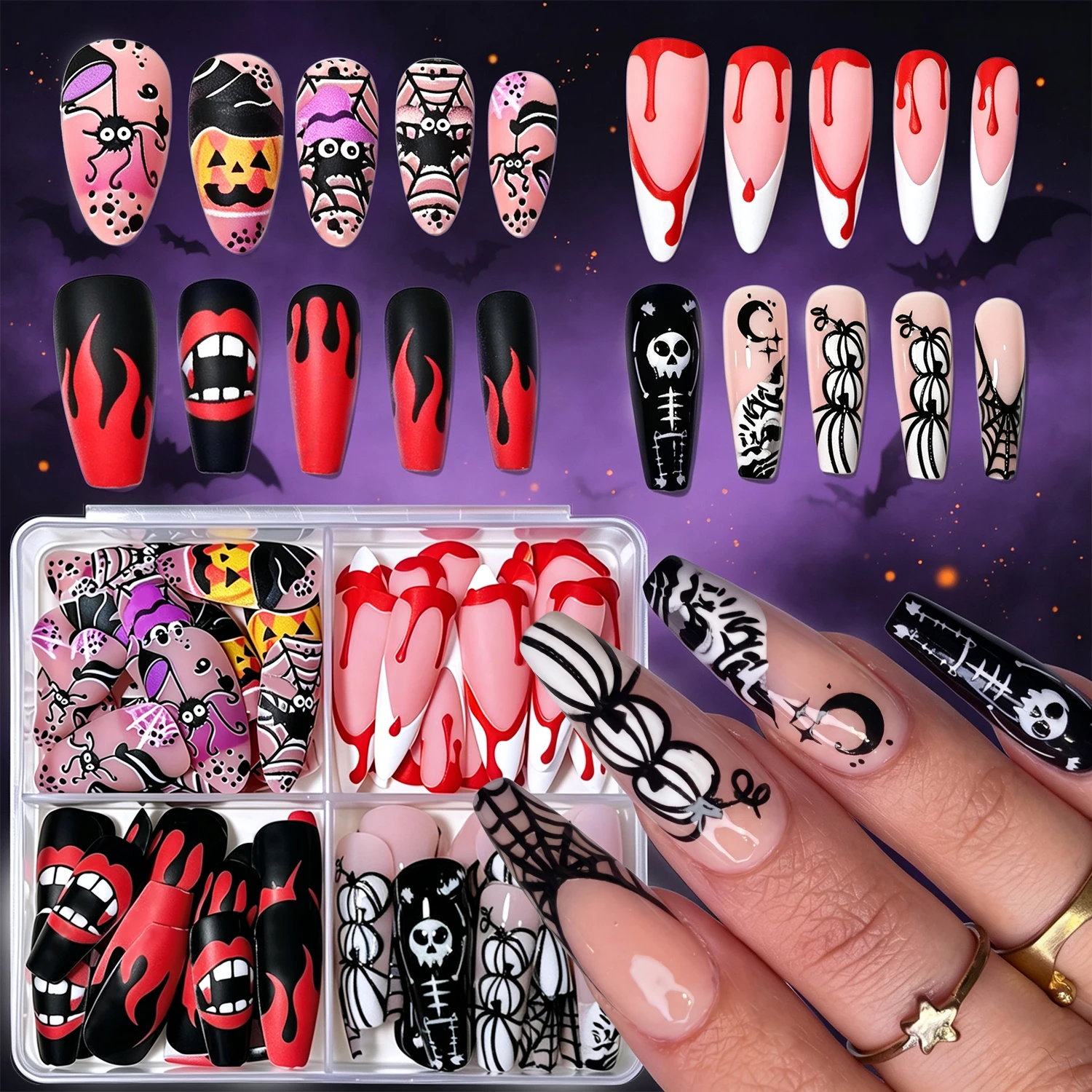 96Pcs Halloween Flame Blood Drip Press On Nails Long Coffin+Almond Skull Spider Web Pumpkin Fake Nails Acrylic False Fingertips