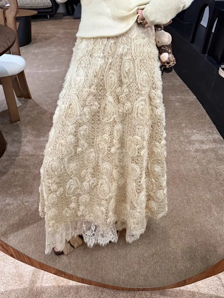 Women Floral Lace Skirt French Style Hollow out Embroidery Flower Skirt Spring Autumn New Fashion Long Elegant Skirt