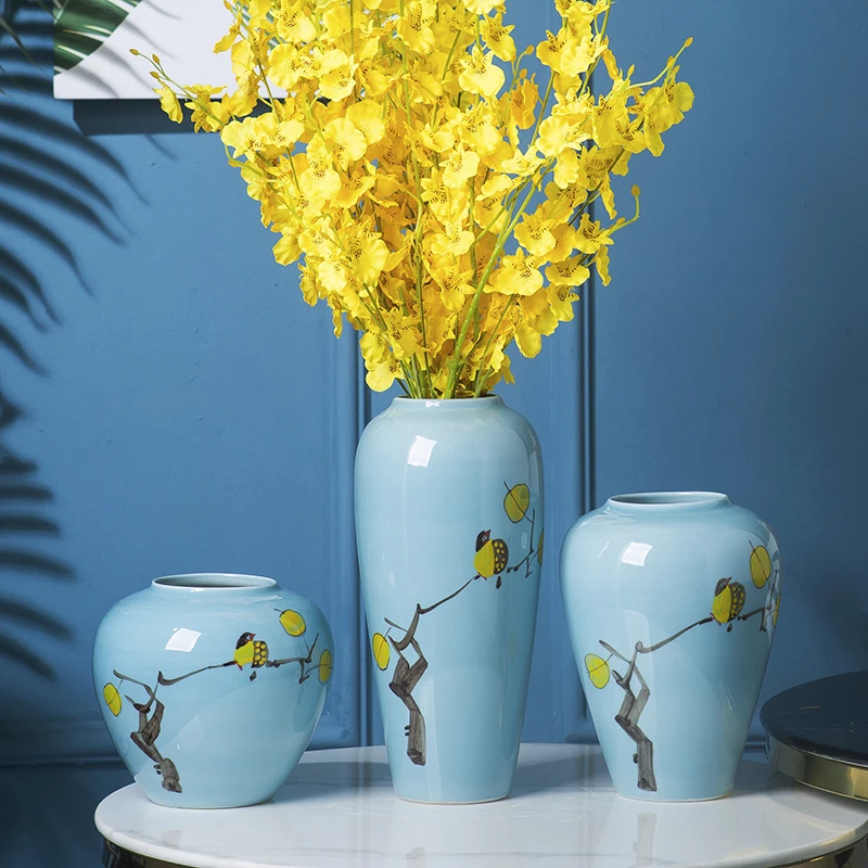 

Синяя керамическая ваза ручной росписи с цветами и птицами, для дома, гидропоники, цветочный горшок, для гостиной, прикроватной тумбочки, обеденного стола, демонстрационного зала