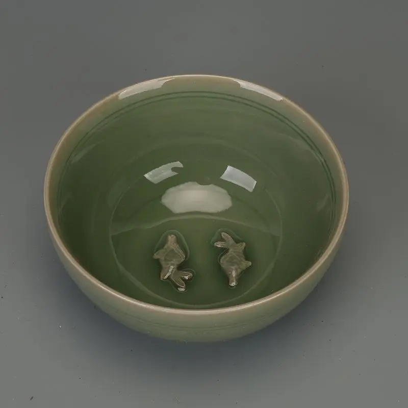 Antique Porcelain Collection Old Collected Song Dynasty Longquan Kiln Celadon Carved Double Fish Bowl Decorative Jar