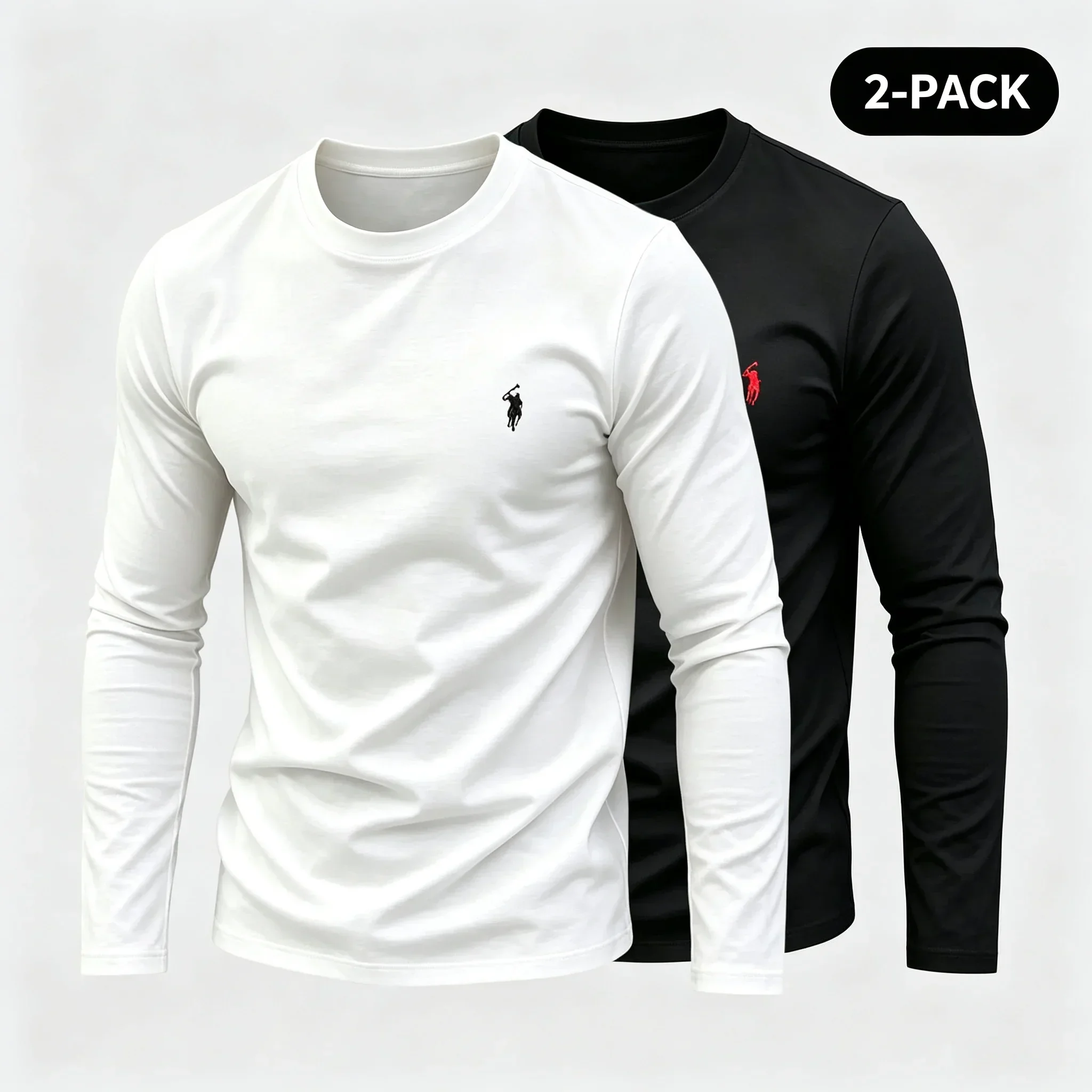 2026 2 Pack Men 100% Pure Cotton Crew Neck Long Sleeve T-shirt, 2026 New Pony Embroidery Casual Sports Tops, 2 Pieces Set