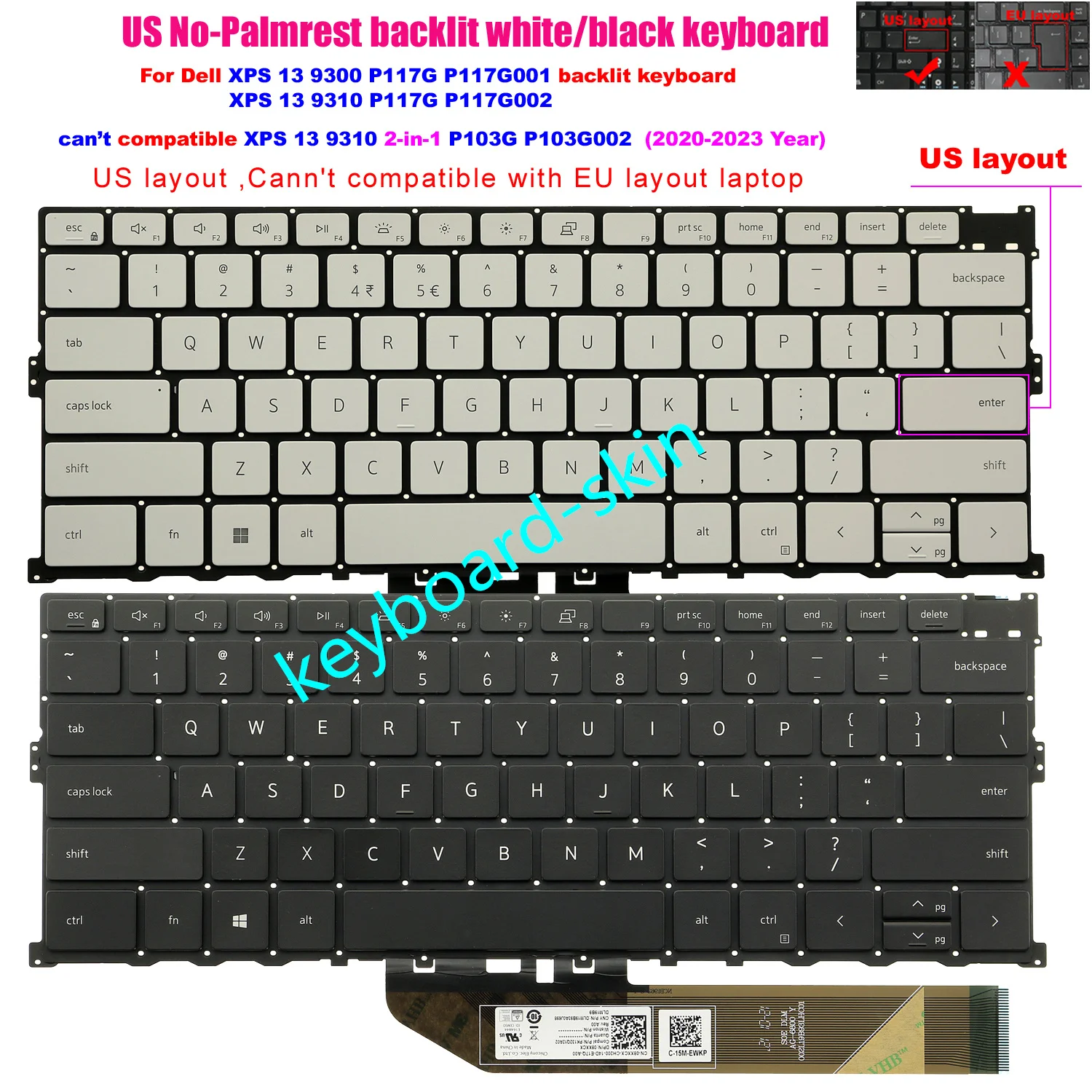 

Новая американская белая/черная клавиатура с подсветкой для ноутбука Dell XPS 13 9300/P117G P117G001, XPS 13 9310/P117G P117G002