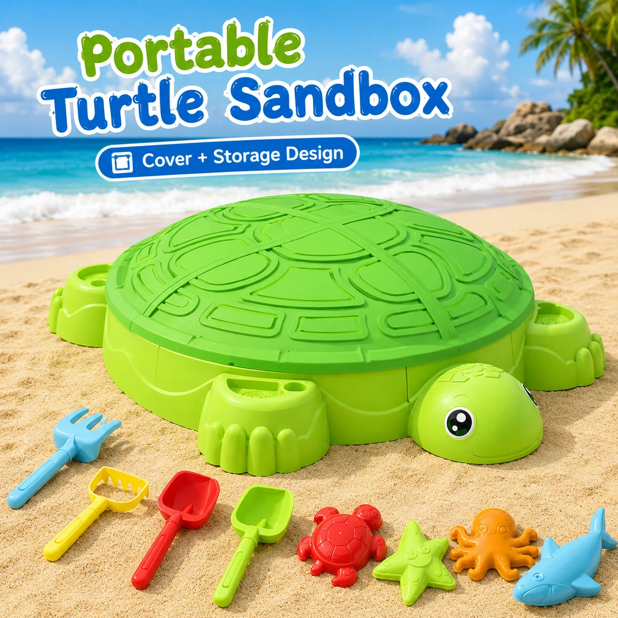 MQUDUO Outdoor Turtle Sandpit Toy, Large 61cm Sandbox with Lid and Accessories for Boys Girls Beach Garden Play - view 4