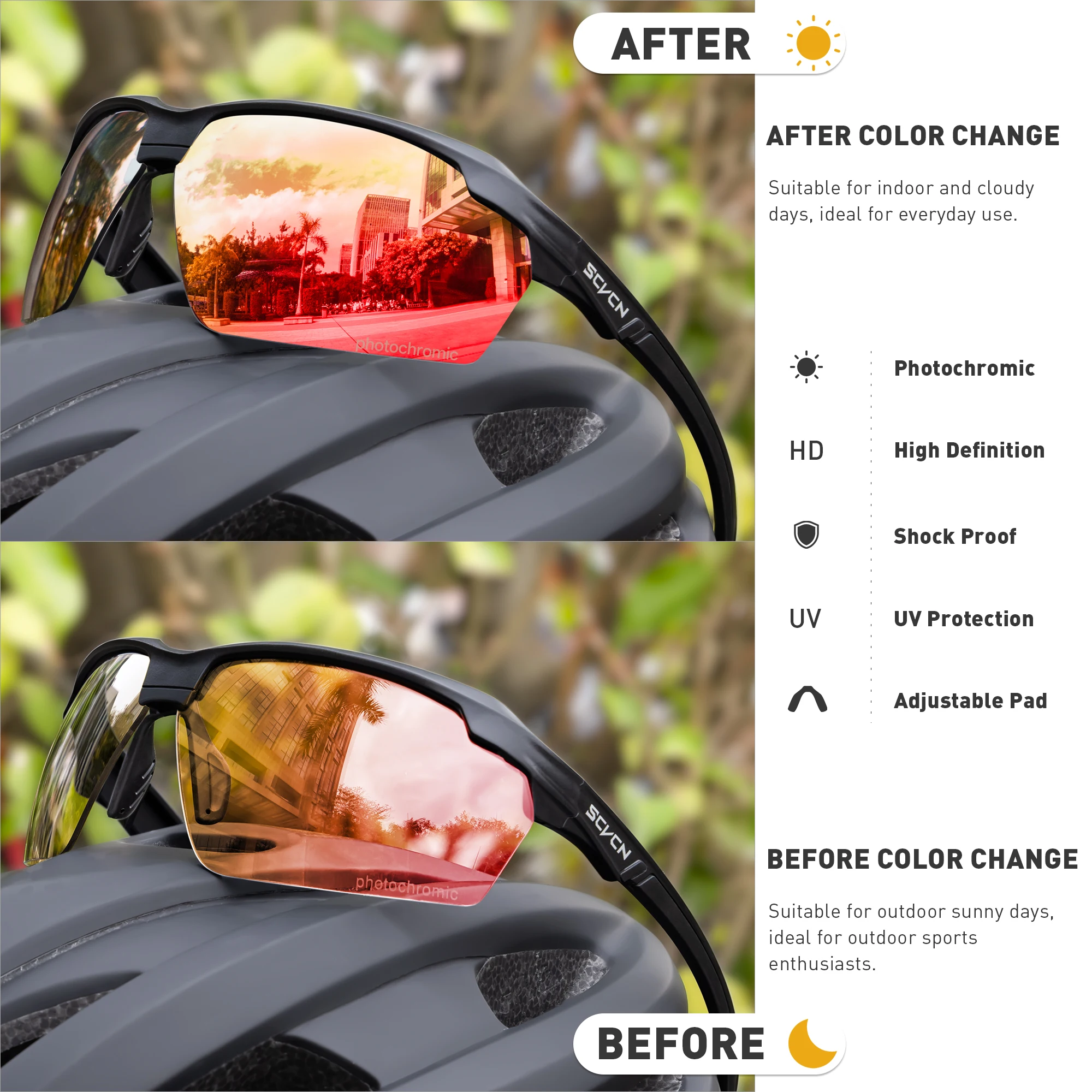 SCVCN Photochromic Cycling Glasses Sunglasses Outdoor Sports Skating Speed Road Mountain Bike Bicycle Cycling Eyewear Goggle