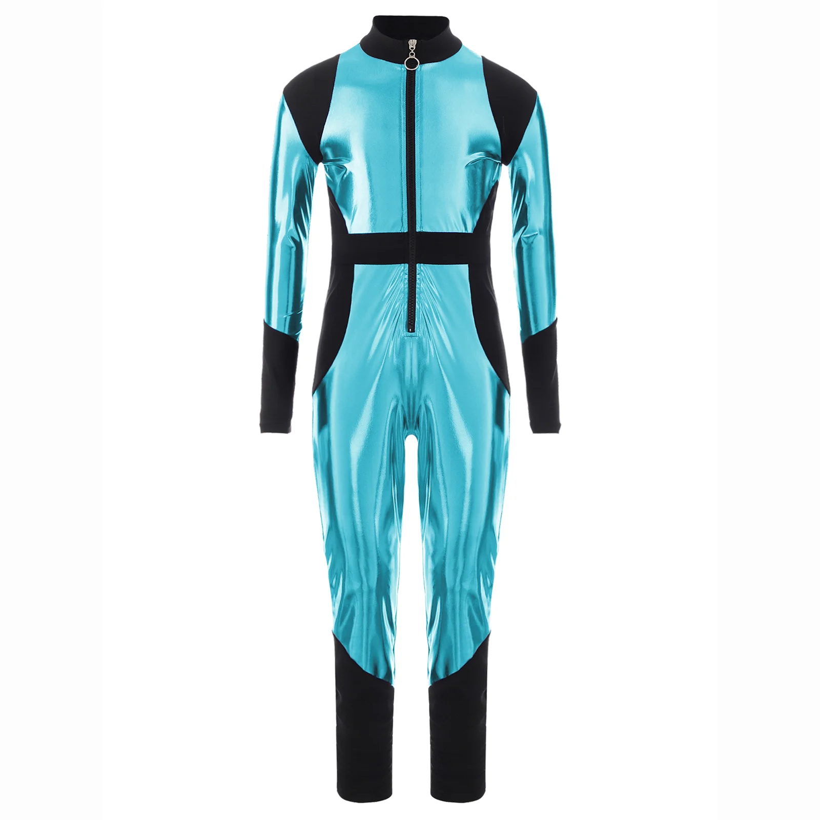 Kids Boys Girls Astronaut Cosplay Costume Halloween Space Alien Robot Galaxy Theme Party Outfit Shiny Metallic Zipper Jumpsuit
