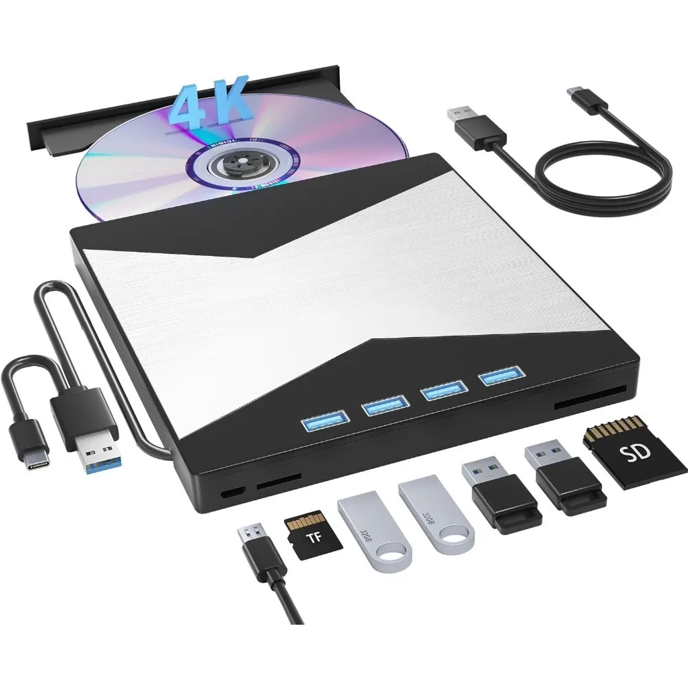 

External Blu Ray Drives, 4K Portable Bluray Burner USB 3.0 Type-C UHD BD RW Player with SD/TF Port Optical Drive for Laptop PC