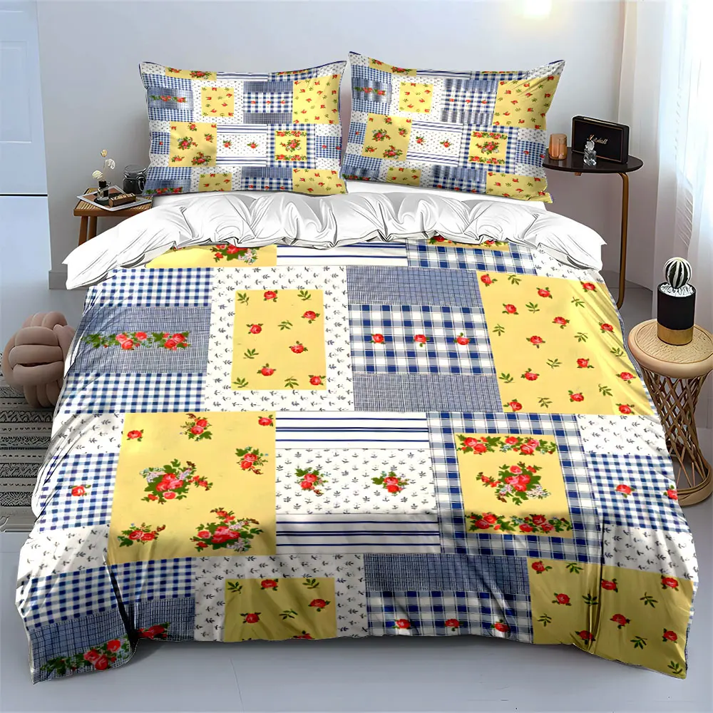 Cottage Yellow Rose Patchwork Bedding Set, Blue Gingham Plaid Floral Grid Print Duvet Cover Set, Soft Light 3PC For Bedroom