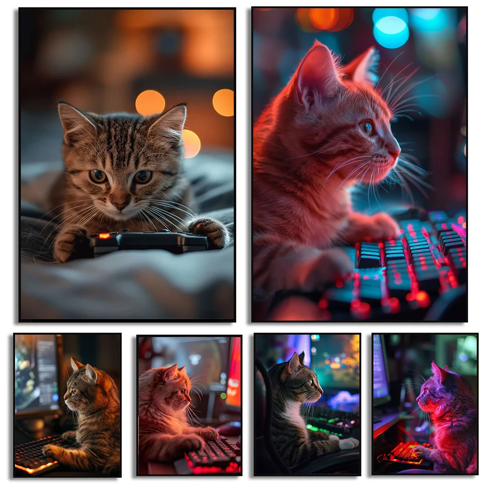 Internet Addicted Cat Posters Playing Keyboard Kitten Gaming Cute Prints Canvas Painting Wall Art Pictures Home Game Room Decor