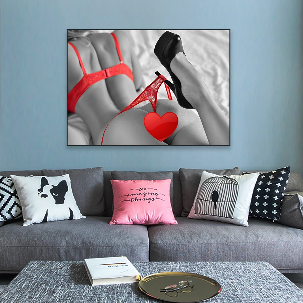 Sexy Woman in Red Lingerie Photo Prints Sexy Fashion Poster Black and White Sexy Nude Body Canvas Painting Toilet Bedroom Decor