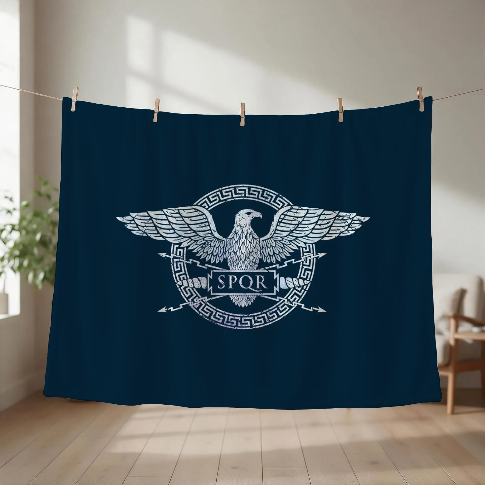 SPQR Roman Empire Eagle Emblem - Vintage White Throw Blanket couch cozy soft plush fuzzy picnic outdoor blanket