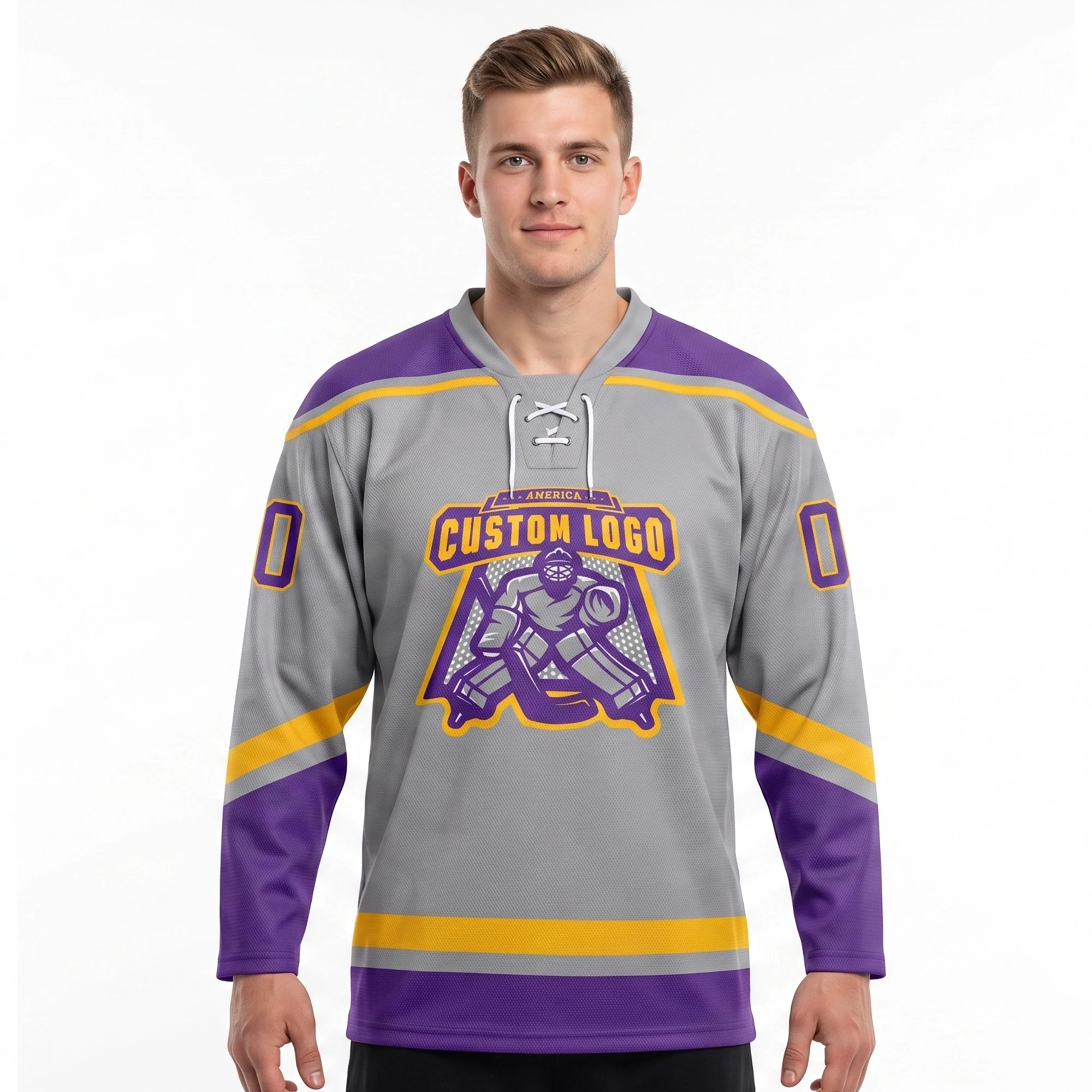 Custom Logo & Name 3D Printed Men's Hockey Jersey Gray Purple Gold Lace Neck Design Summer Unisex Fashion Sport Team Shirt YU20