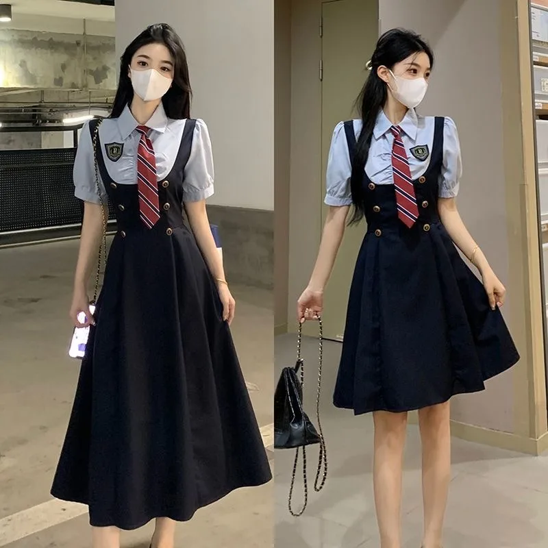 

College Style JK Uniform Waist Cinched Short Sleeved Shirt Women's Summer New Style Shoulder Strap Dress Two-piece Set