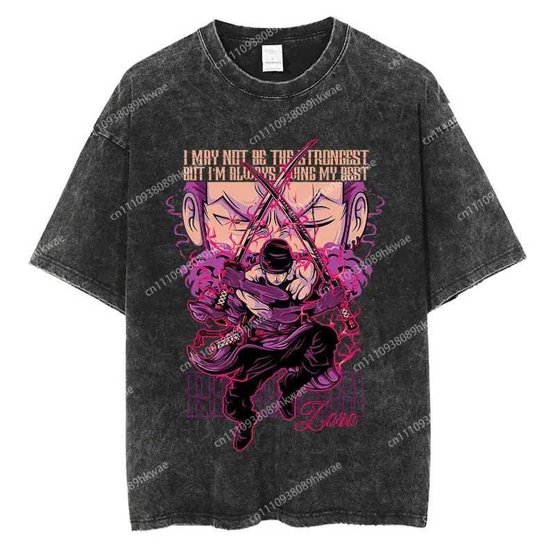 One Piece Roronoa Zoro Vintage Washed Graphic T-Shirt, Anime Streetwear Casual Oversized Tee,  Top for Men Women, Summer Fashion