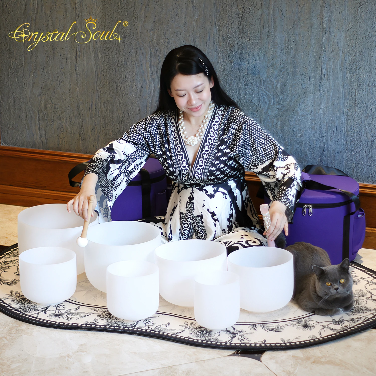 Crystal Soul 6-12 Inch High Quality Frosted Crystal Singing Bowl Set Classic White Crystal Bowl with Bag