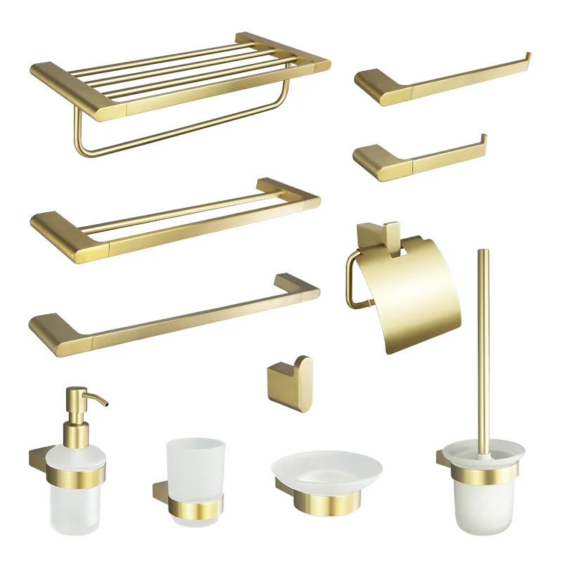 Stainless Steel Brushed Gold Towel Ring Rack Rod Holder Brush Paper Holder Glass Cup Dish Holder Bathrobe Hanging Clothes Hook