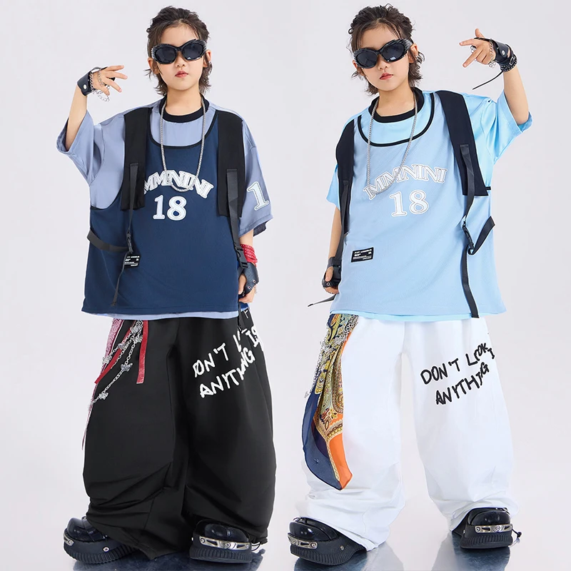 

Kid Street Dance Clothes Boys Hip Hop Performance Costume Oversize Blue Top Shuffle Pants Children Jazz Outfit Streetwear 3712