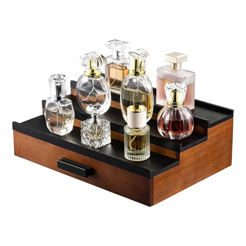 

Hot Trend-Wooden Cologne Organizer Shelf For Men Dresser, 3 Tier Display Stand With Drawer Storage Organizer Tray With Compartme