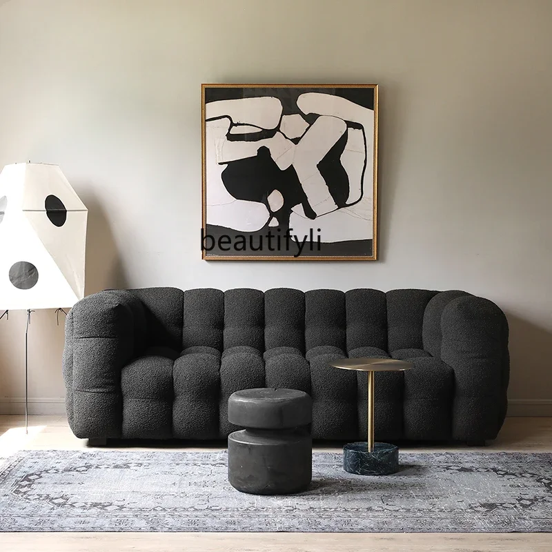 

xzModern Creative Designer Model Nordic Retro Style Simple Lambswool Black Living Room Three-Seat Sofa
