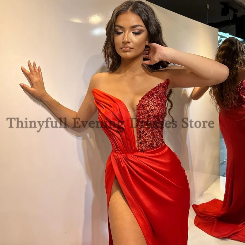 Thinyfull Red Mermaid Prom Abendkleider Hohe Split Gefrieste Party Kleid Bodenlangen Saudi-arabien Cocktail Kleider Nach Größe