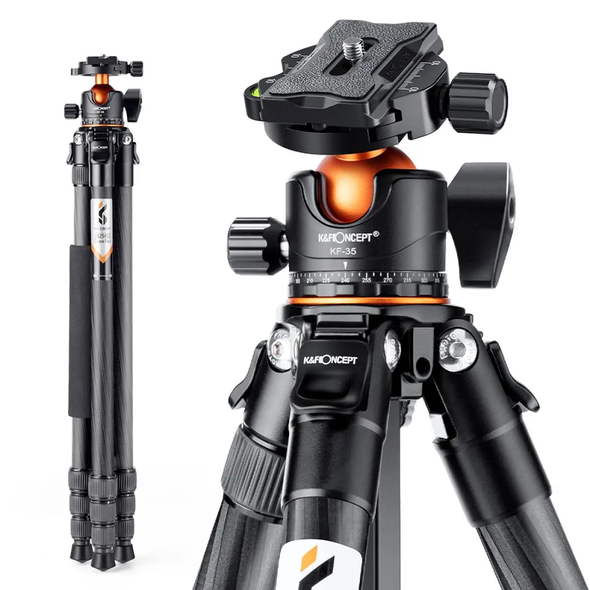 K&F CONCEPT Koolstofvezel camerastatief 70 inch 177 cm maximale hoogte Professioneel statief 15 kg 33,07 lbs belasting voor reiscamera SA254C2