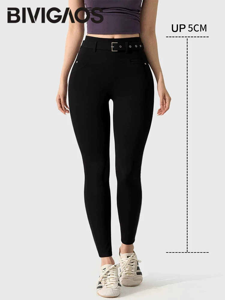 BIVIGAOS Autumn New Belt Peach Buttocks Yoga Leggings Women's Tight Fitting Hip Lifting Sport Fitness Running Sharkskin Leggings