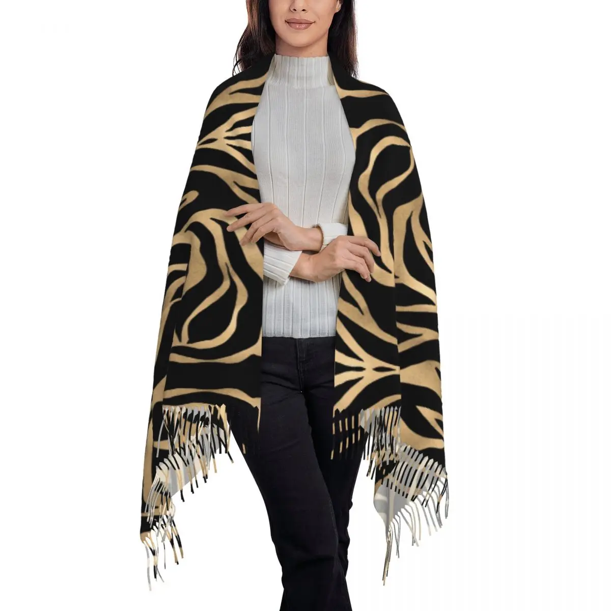 Elegant Metallic Gold Zebra Scarf Tassel Scarves for Women Soft Warm Shawls and Wraps Long Fall Winter Shawl Wrap