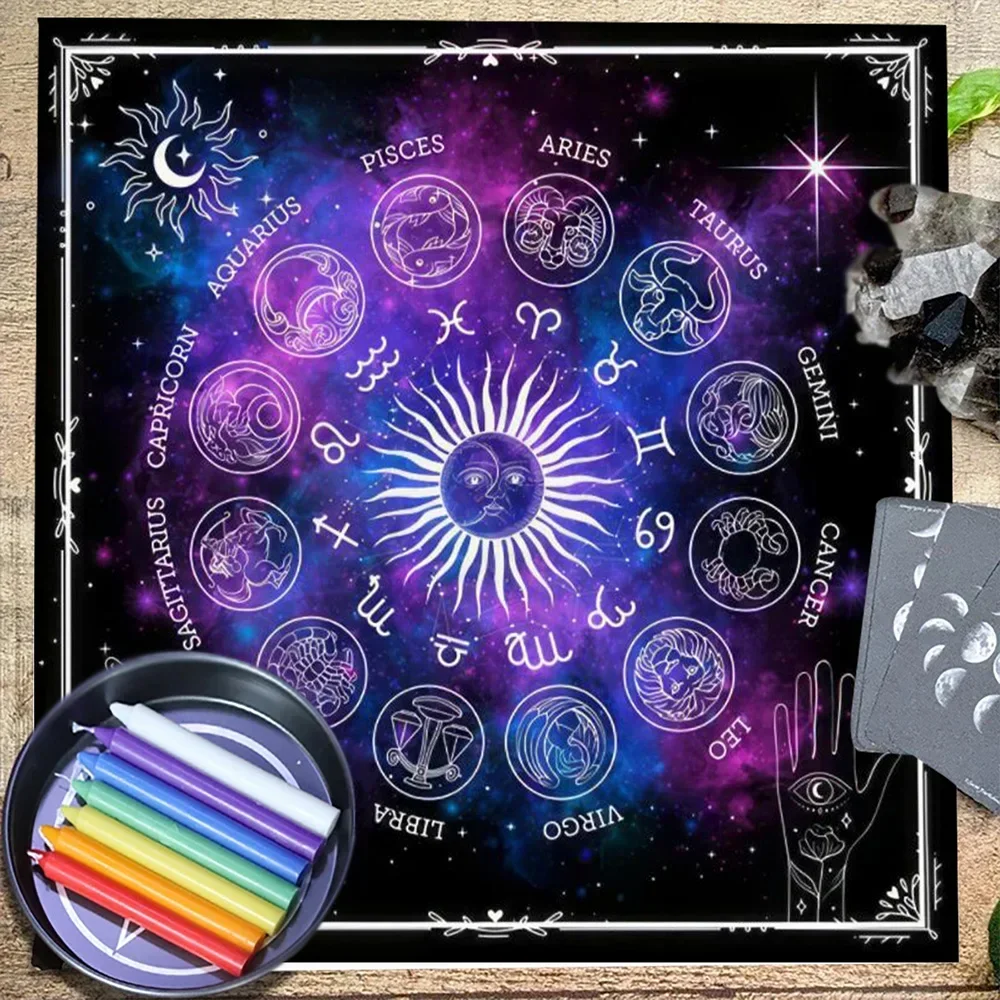 Zodiac Tarot Cloth Altar Cloth Wheel of the Zodiac Astrology Chart Spread Tarot Reading Cloth Sun Starry Sky Tarot Mat Decor