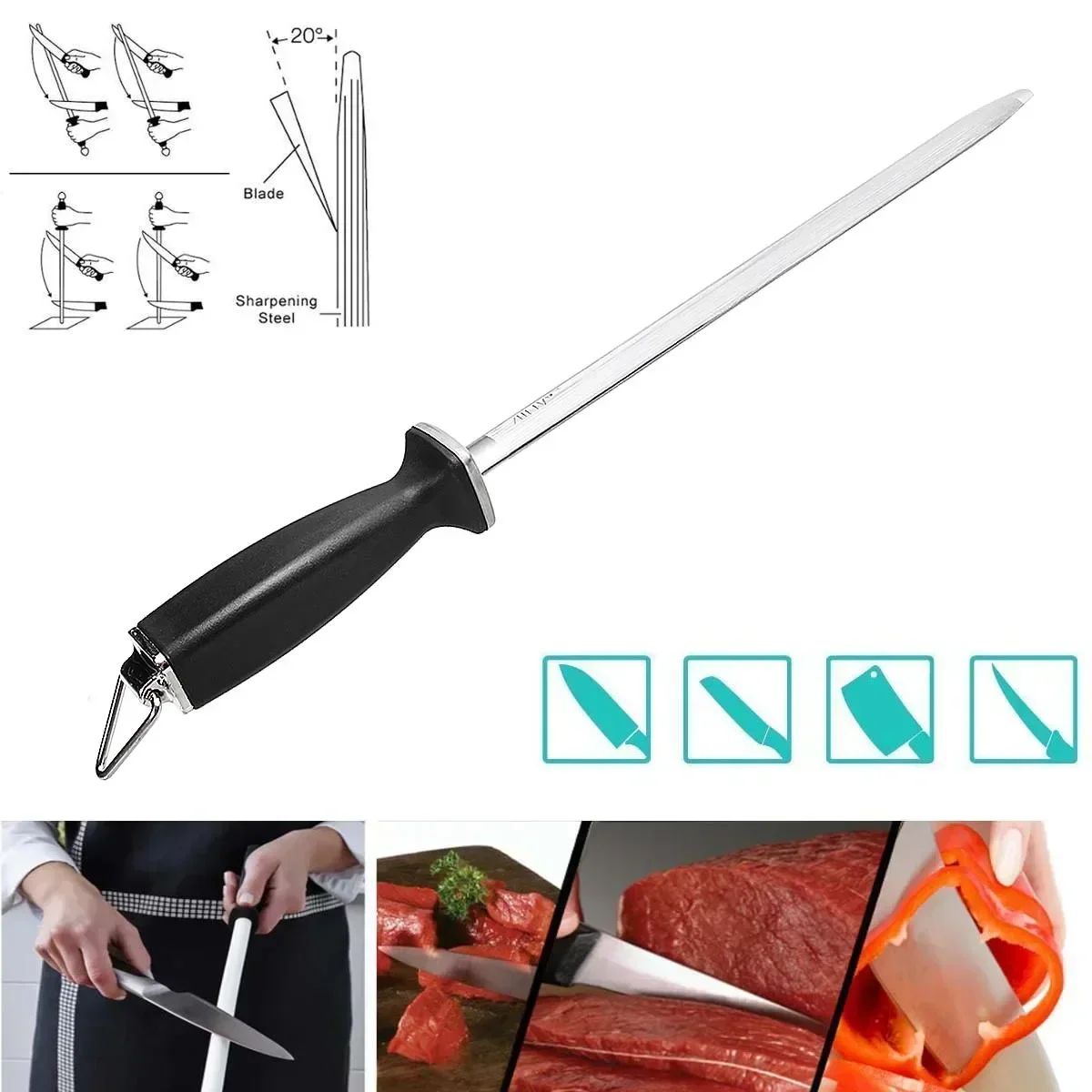 قضيب الماس شحذ عصا شحذ الصلب لسكين المطبخ وسكاكين الفولاذ المقاوم للصدأ 10/12 ''المهنية سكين الطاهي مبراة #3