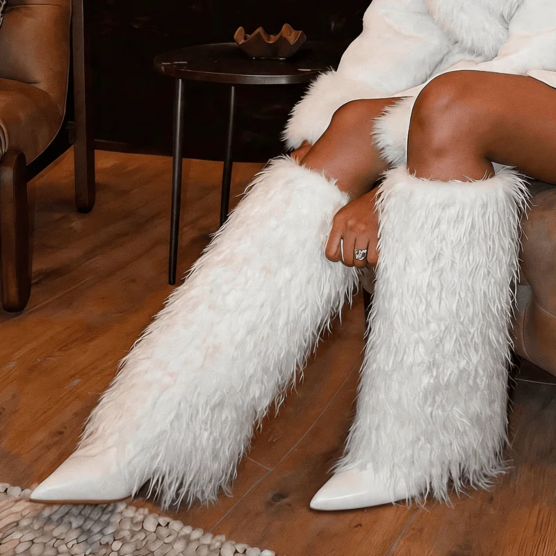 Y2K Style EdgyElongate Women's Winter Furry Snow Boots Women's Knee High Boots Faux Fur Shoes Pointy Toe Chunky Heel Cowboy Fashion Warm Fluffy Shoes