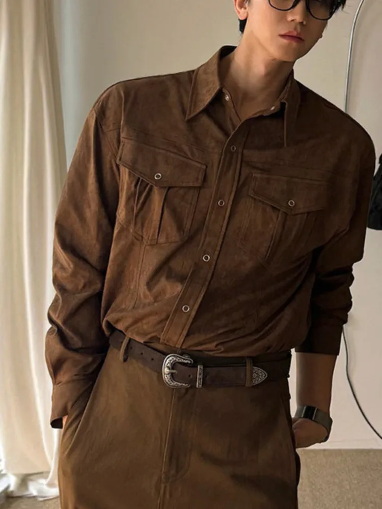 Suede Brown Faux Shirt Men Classic Point Collar Dual Chest Pockets Long Sleeve Casual Smart Versatile Overshirt Top MRRZ