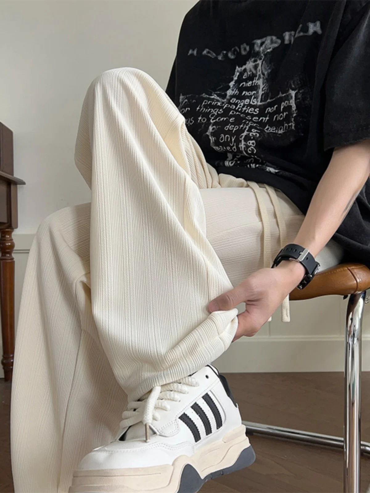 

Milk White Pleated Ice Silk Men's Summer Thin Hanging Sensation Casual Loose Straight Wide Leg Long Trousers Trendy Brand