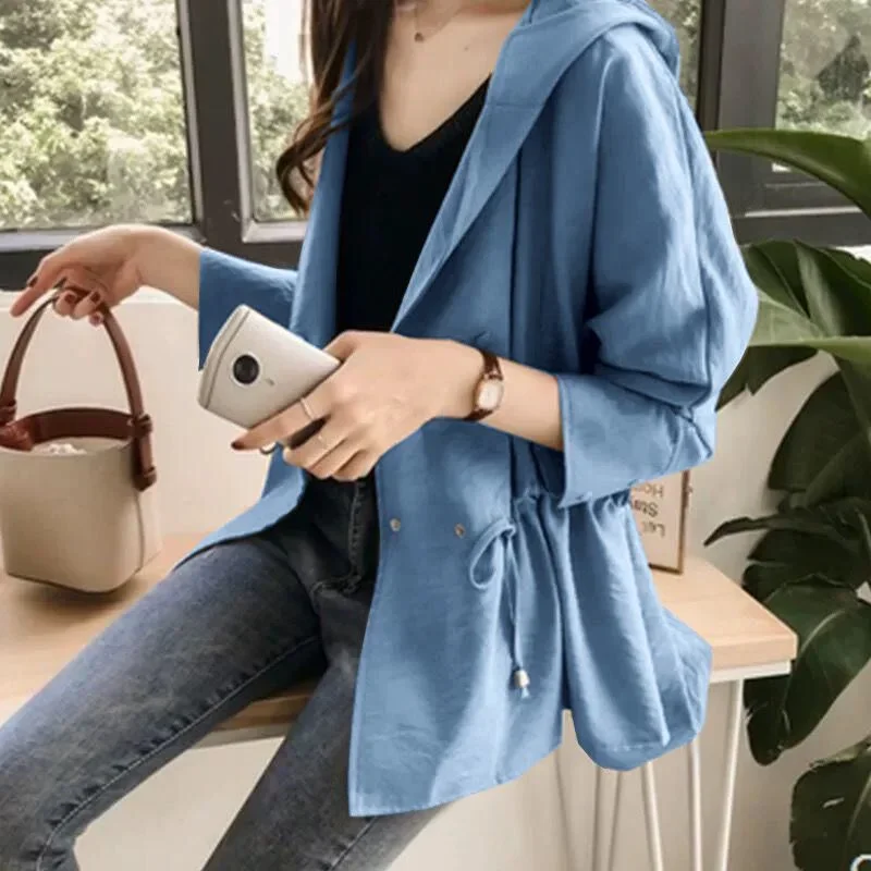 المرأة نمط جديد تقسم فضفاض مقنعين أزرار المألوف بلون منتصف طول عارضة طويلة الأكمام سترة سترة