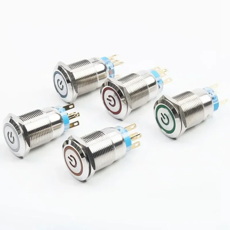 10pcs 19mm Metal brass Push Button SwitchPower Mark flat round illumination ring Momentary self reset/Self locking 1NO 1NC