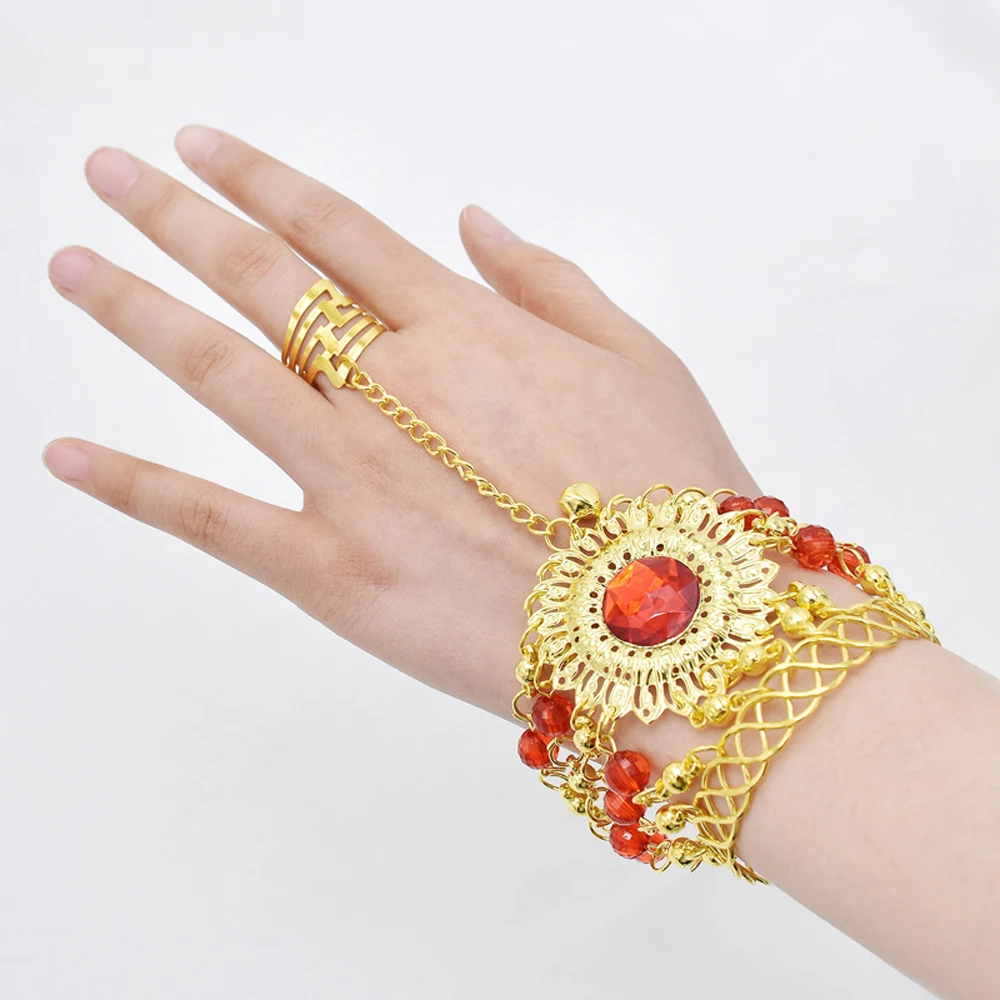 Traditional India Belly Dance Jewelry Sets Red Acrylic Crystal Bell Tassel Necklace Earrings Bracelet Hair Accessories for Women