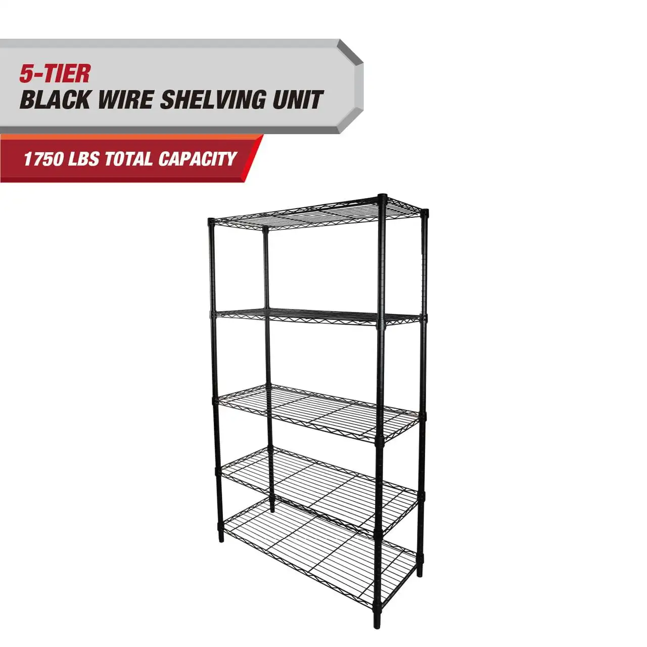 

5-Tier Wire Storage Shelves, 36" W x 16" D x 72" H, 1750 lb Load Capacity, Black