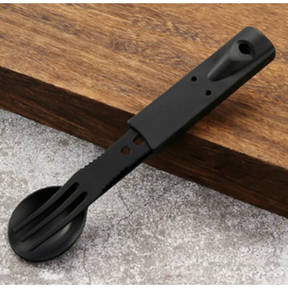 Outdoor Multi-Function Stainless Steel Camping Cutlery Mountaineering Emergency Knife Fork Spoon and Whistle Survival Tableware