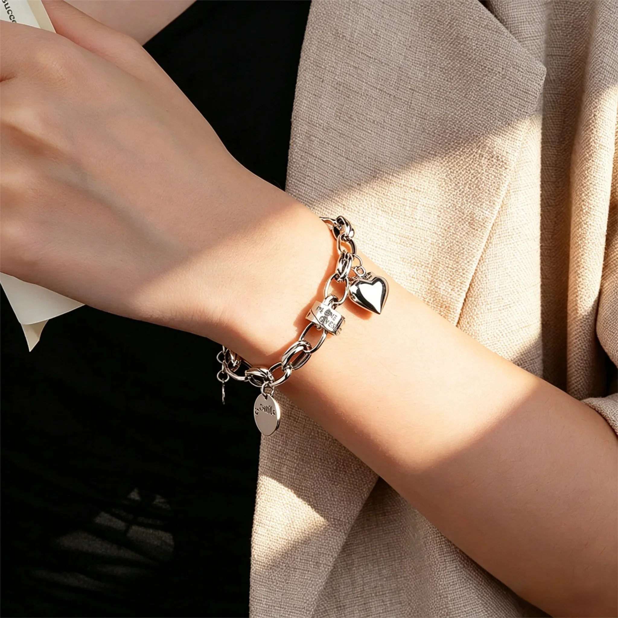 S925 Sterling Silver Retro Oxidized Chunky Chain Bracelet, Heart Smile Charm Love Bead Link Wrist Jewelry for Women