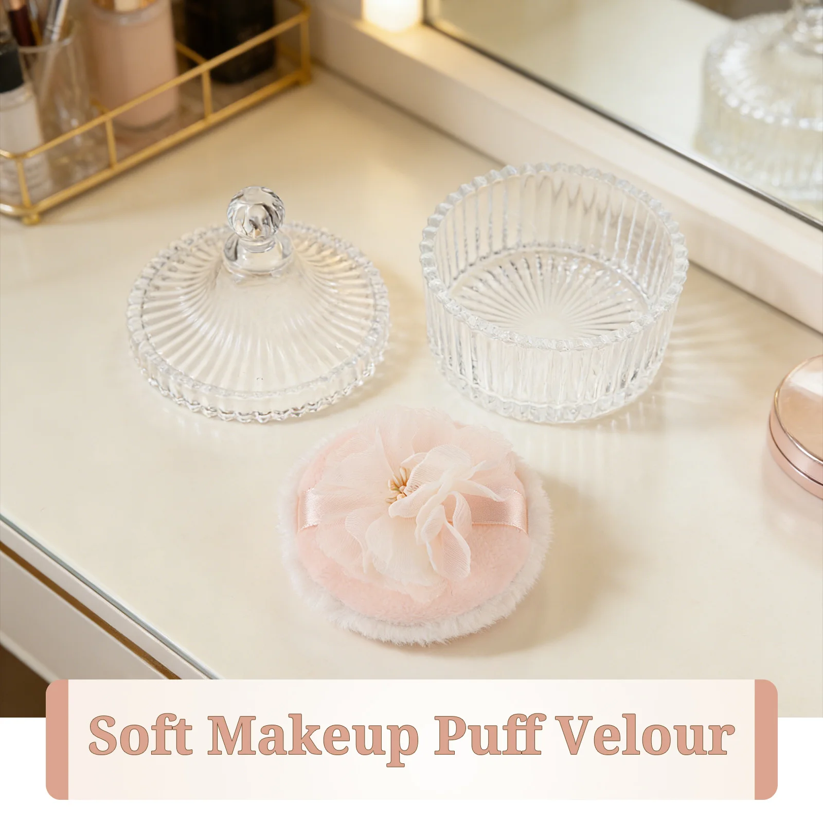 유리 케이스가 있는 파우더 퍼프, 루즈 파우더 및 세팅 파우더용 양면 원형 메이크업 어플리케이터, 부드러운 벨루어 페이스 바디 뷰티