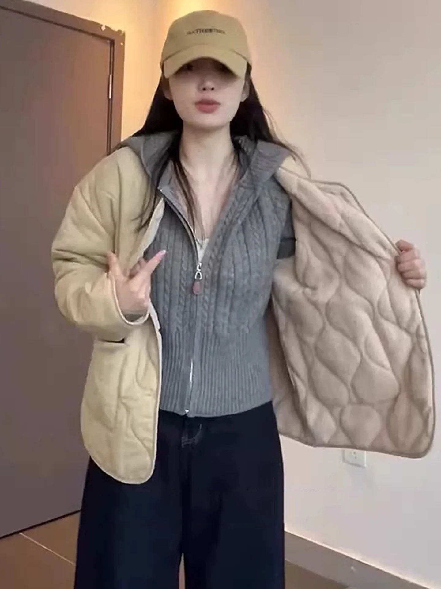 Suéter de punto con capucha y cremallera para mujer, Top largo con efecto adelgazante informal y versátil en zigzag de Color Sle para otoño 2025