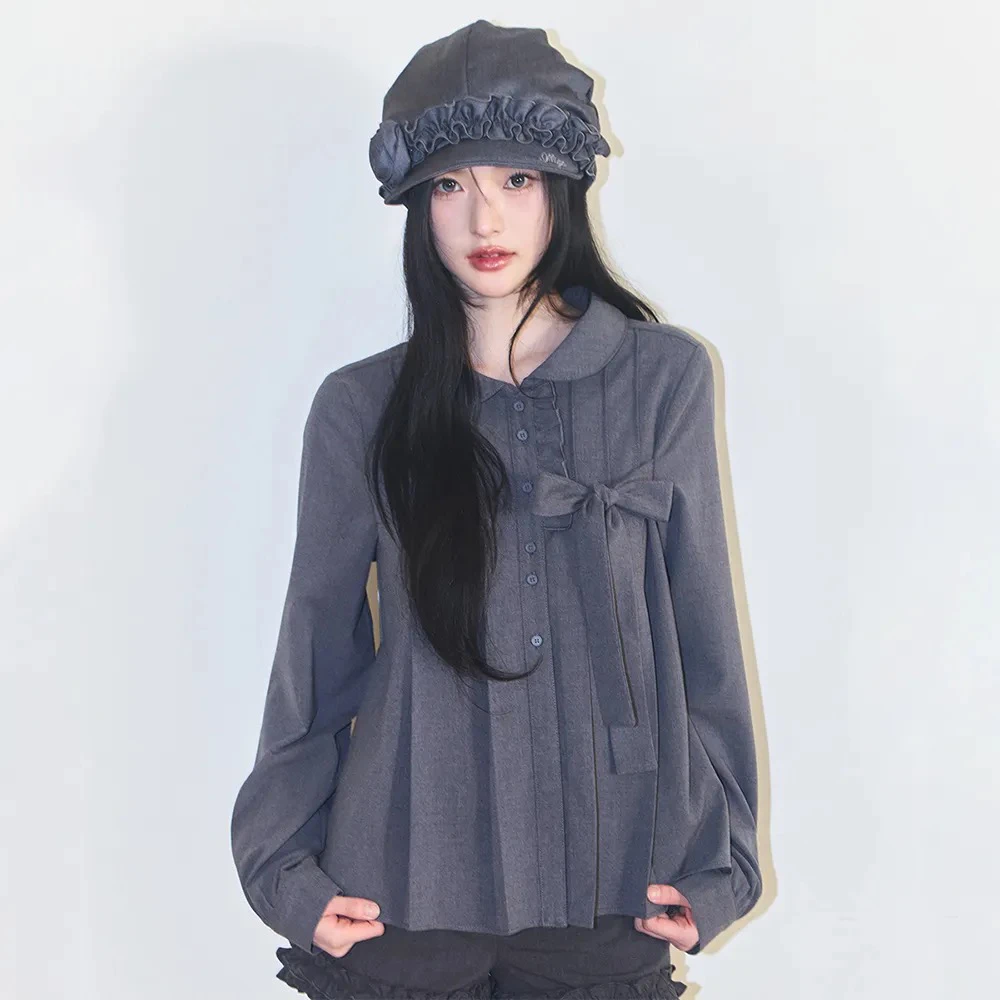 Retro Bow Tie Pleated Shirt Women's Loose Fit Long Sleeve Casual Top Chinese Style Fashion Ladies' Premium Clothing
