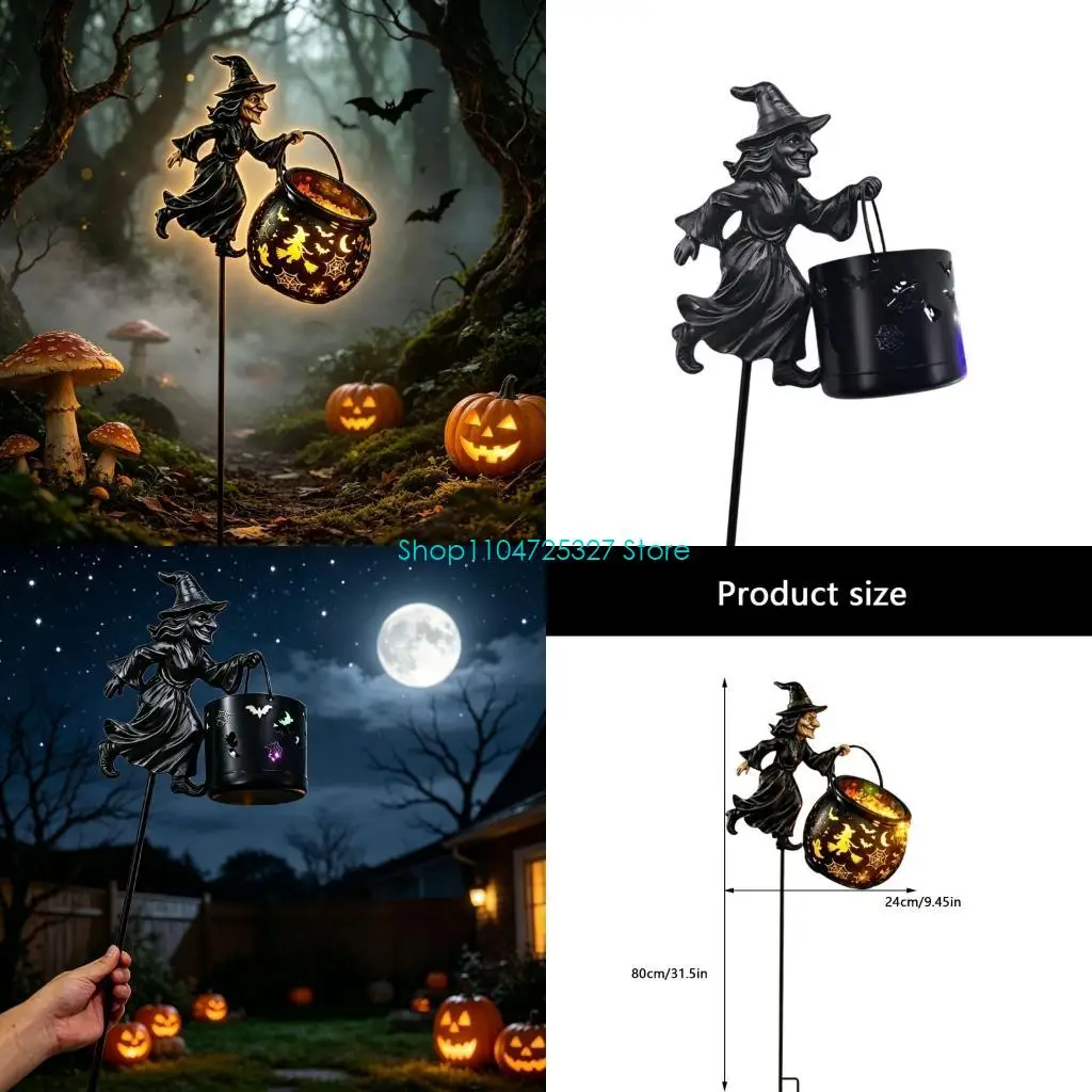 D8KF Garden Area Seasonal Decor Light with Witch Shape and Kettle Detail, Metal Yard Stake Accent for Entry Walkways, Lawn Edges