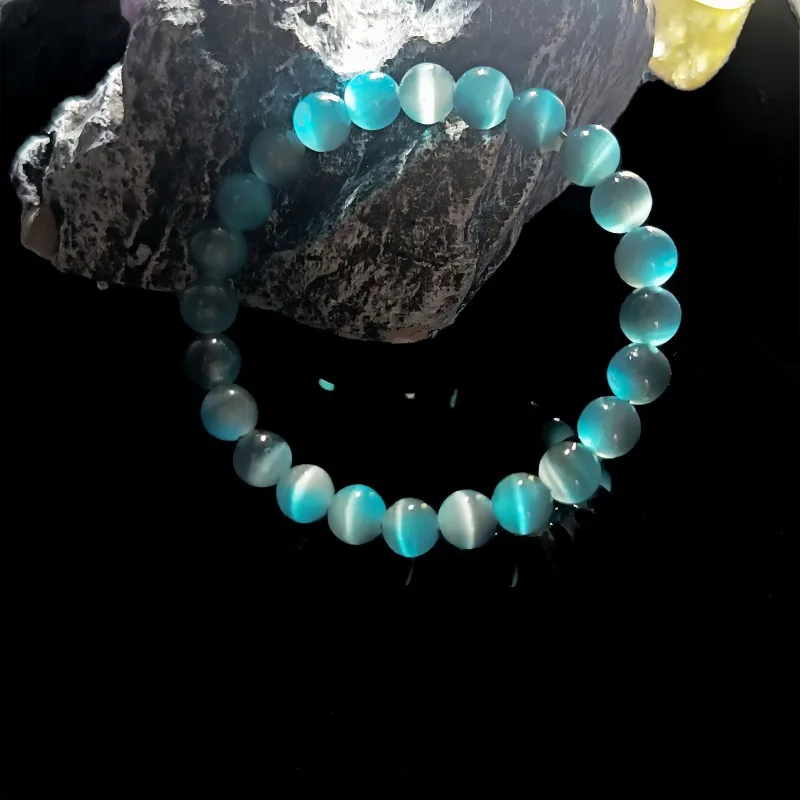 سوار عصري بحجر عين القطة متدرج 8 مم - سوار مطرز بحبل مرن مصنوع يدويًا - أفضل هدية للإعطاء