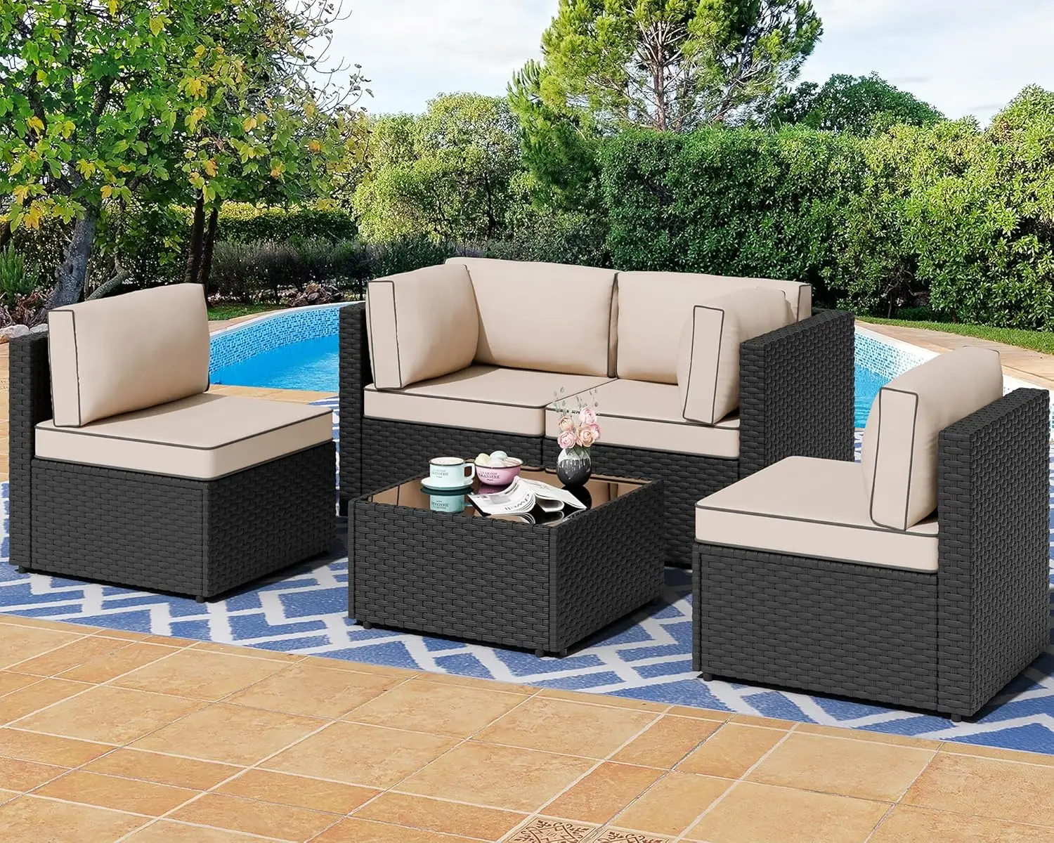 

5-Piece Outdoor Patio Sectional Sofa Set with Washable Cushions and Glass Coffee Table, Black PE Wicker for Garden or Poolside