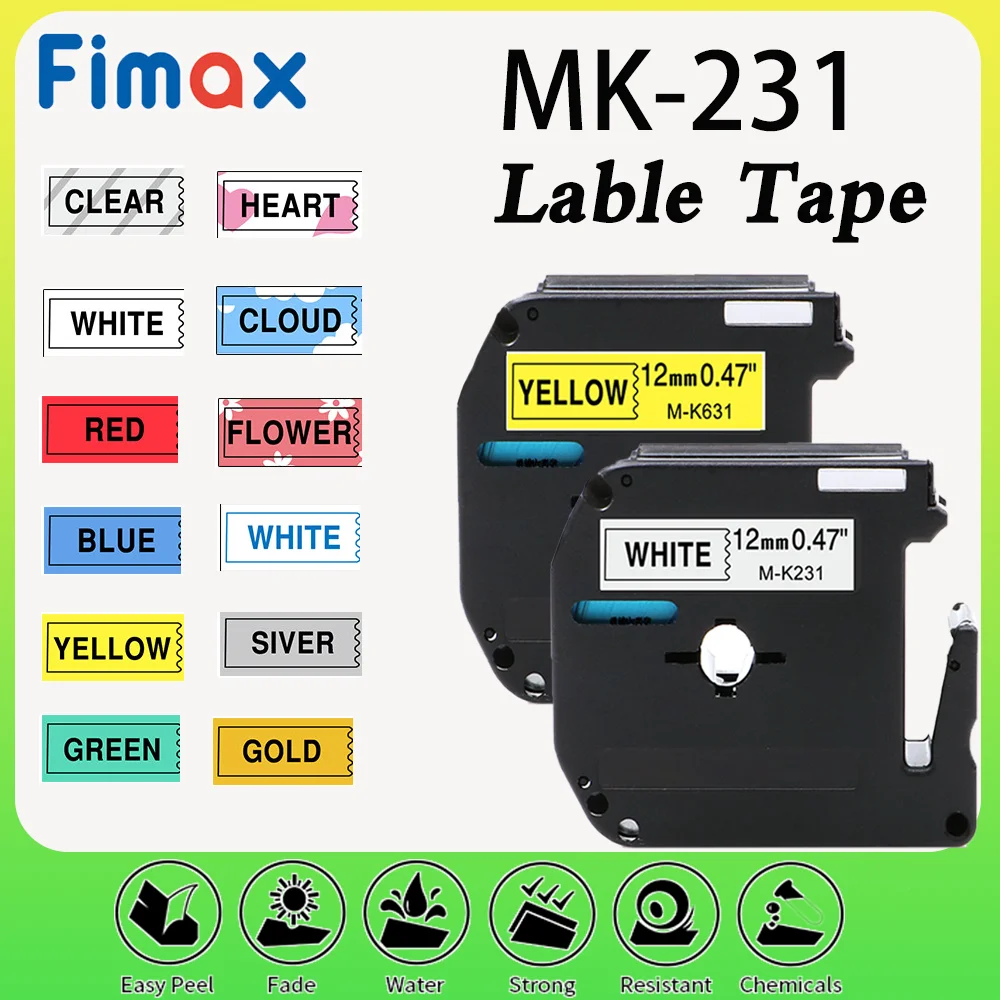 Fimax M-K231 MK131 12mm Label Tape Compatible for Brother P-touch M Type  M-K431 MK-221 MK531 731 Label Printer Pattern Ribbon