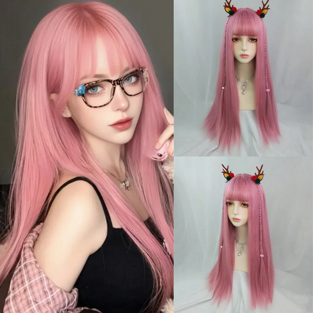 

Long Straight Wig Pink Synthetic Hair Wig With Bangs Heat Resistant Wig For Women Lolita Style Daily Party Cosplay