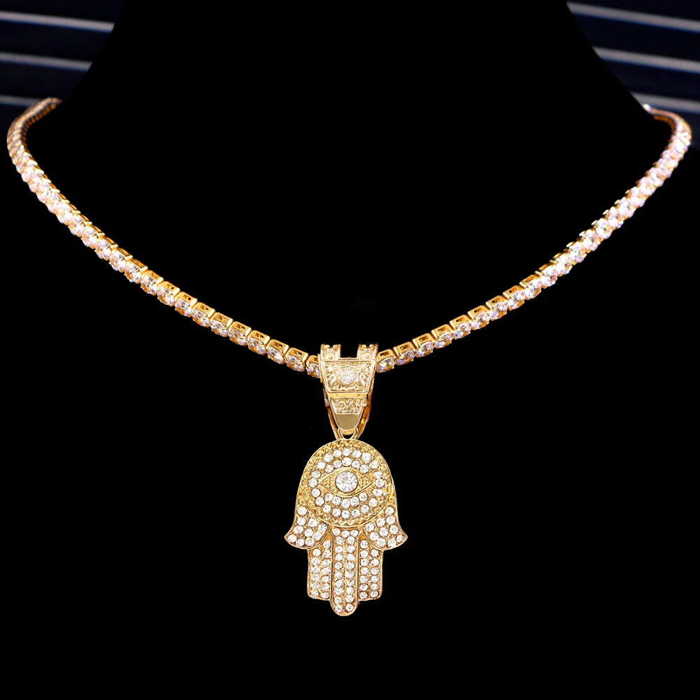 Bling cristal mau olhado hamsa pingente colar masculino feminino hiphop gelado corrente cubana link colar cz jóias de aço inoxidável